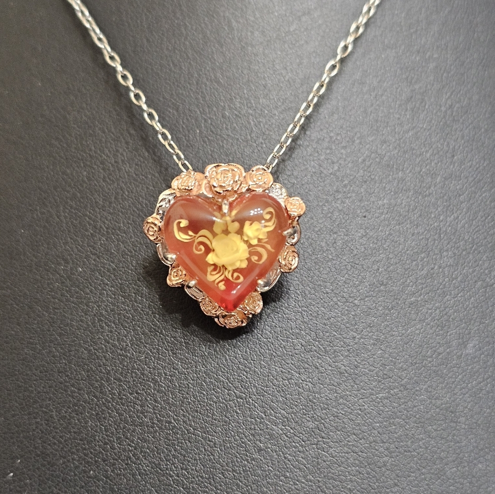 Gems En Vogue Amber Heart 18K Rose Gold Palladium Sterling Silver Necklace! - Picture 7 of 7
